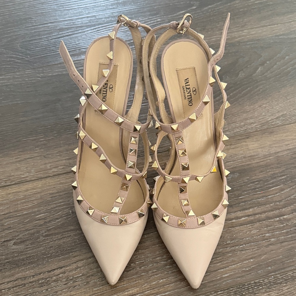 Valentino Nude Pointed Rockstud Slingback Heels